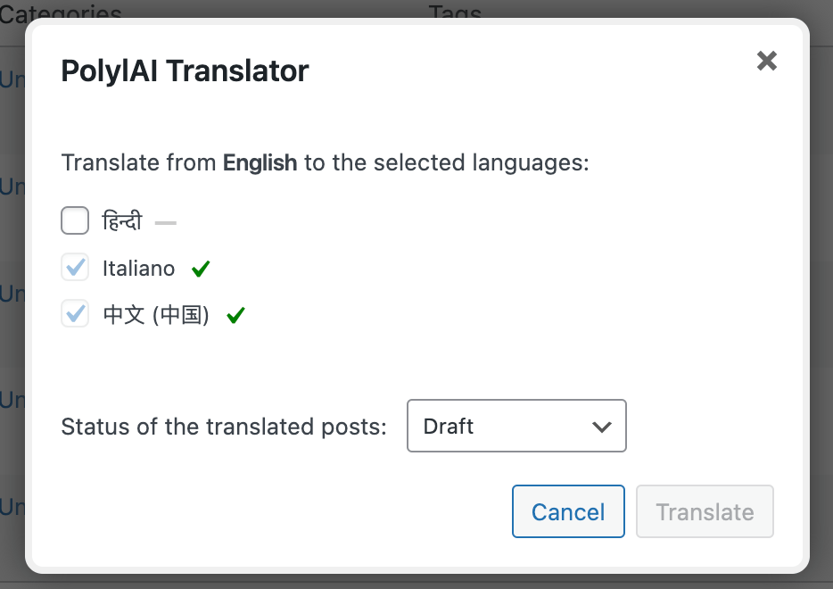 set status of translated post